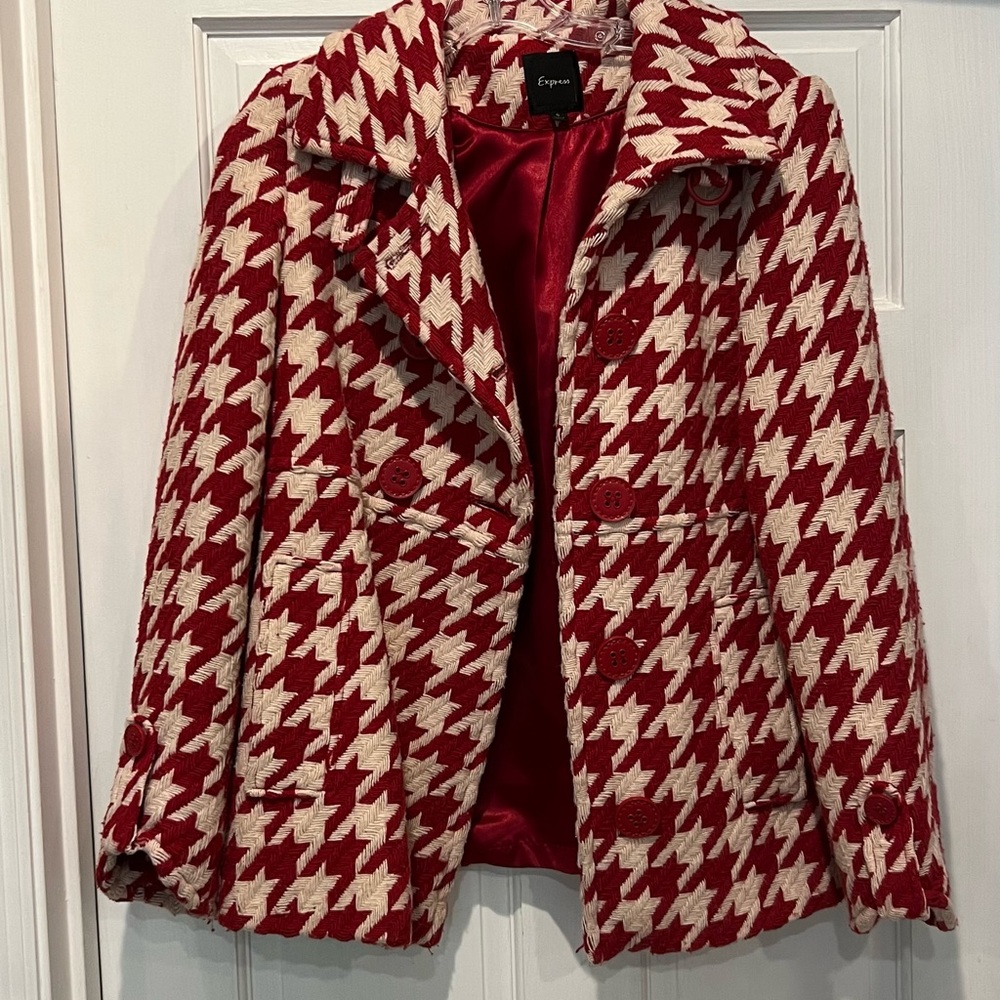 Vintage Express red and white houndstooth short pea coat
